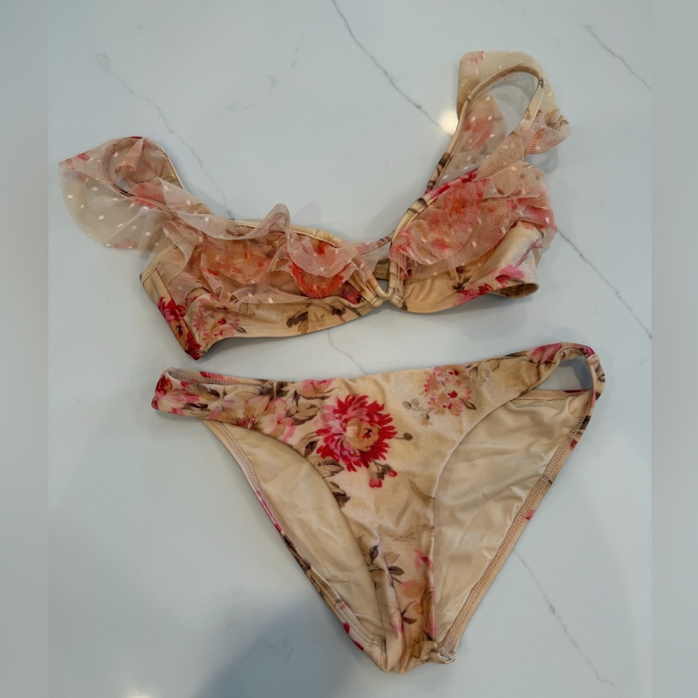 ZIMMERMANN CORSAIR SHOULDER RUFFLE BIKINI IN CREAM FLORAL